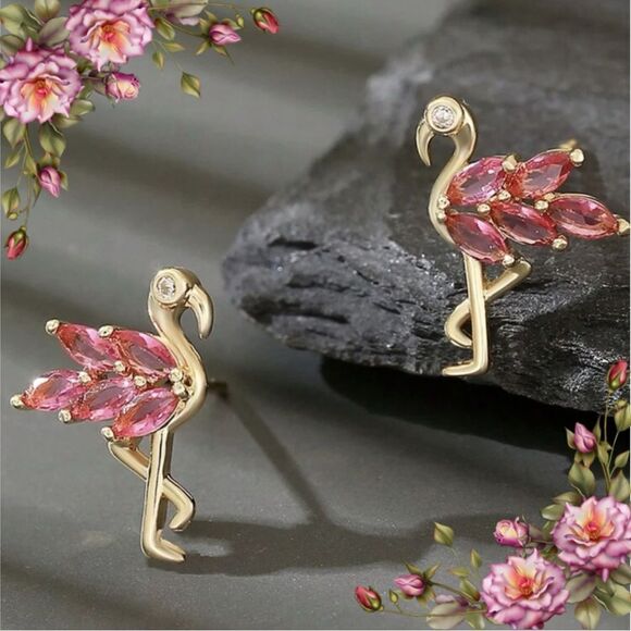 Rose Gold Flamingo Stud Earrings, Animal Earrings, - Picture 1 of 10